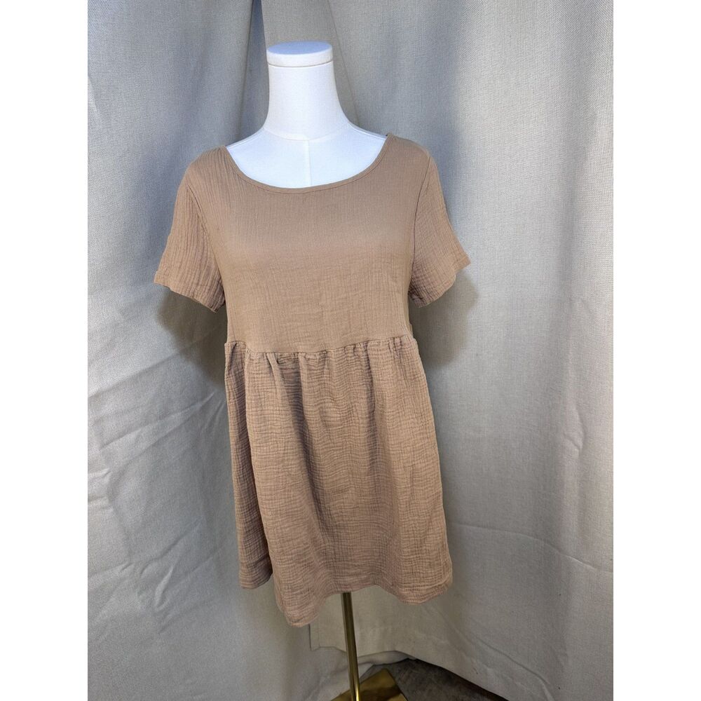 HYFVE Tan Gauze Babydoll Mini Dress Women's Small Textured Cotton